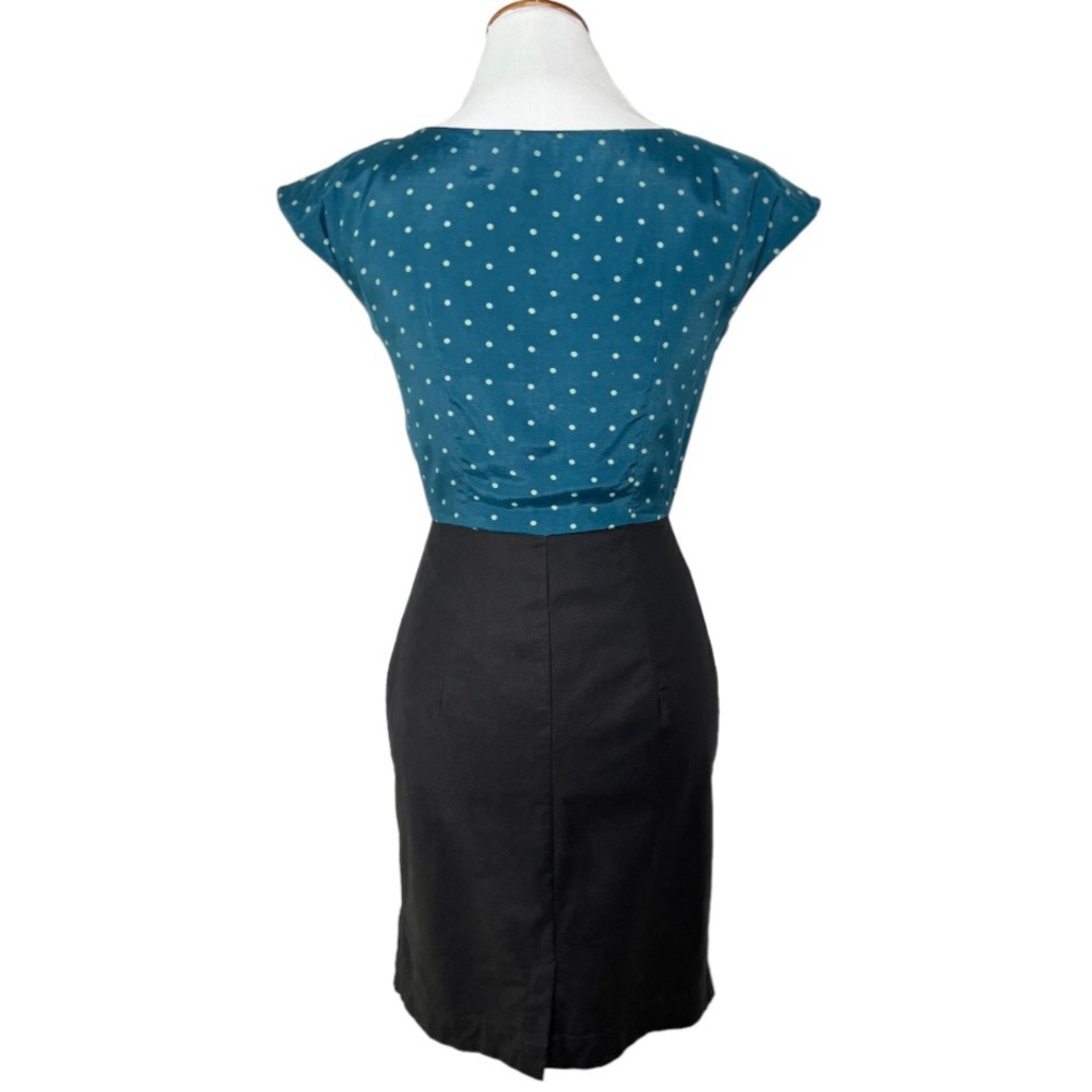 Modcloth Emily and Fin Teal Polka Dot Black Retro Cap Sleeve Sheath Dress - Picture 8 of 11